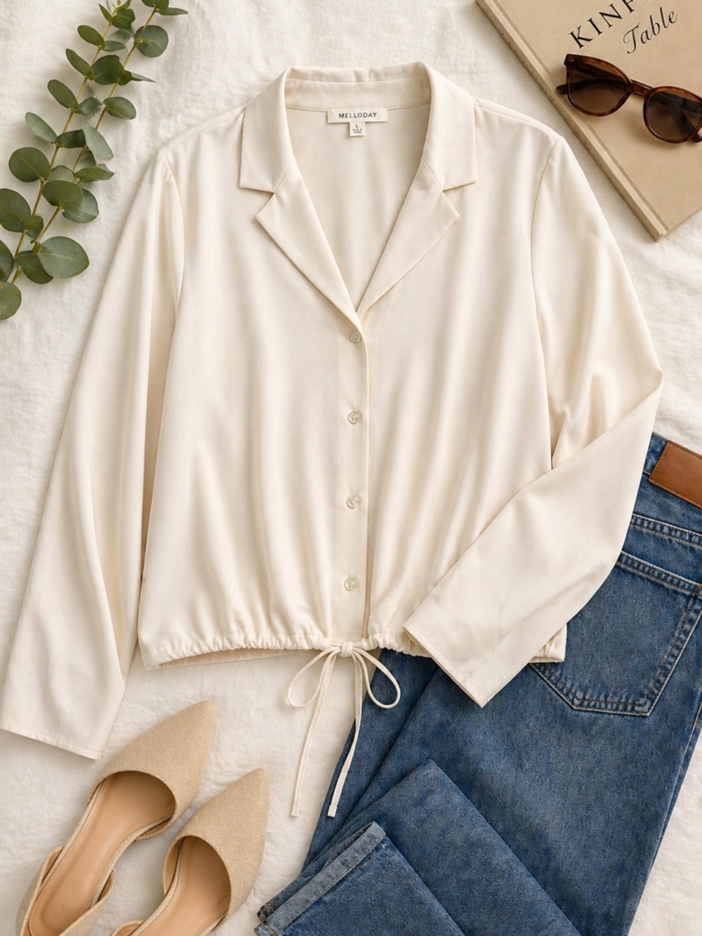 MELLODAY | Cream Button-Up Blouse | Drawstring Hem | Long Sleeve | Size L - Picture 2 of 7